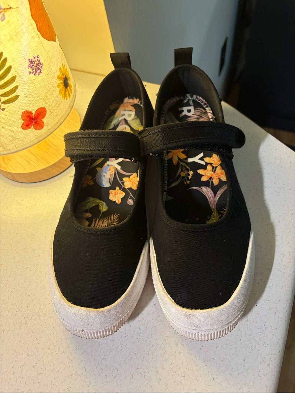 Roxy Black Floral-Insole Mary Jane Sneakers with White Sole